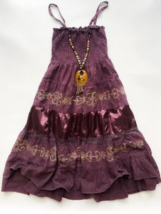 Dresses & Skirts - Vintage Purple Boho Embroidered Tiered Maxi Dress Floral Ruffle Sundress Y2K